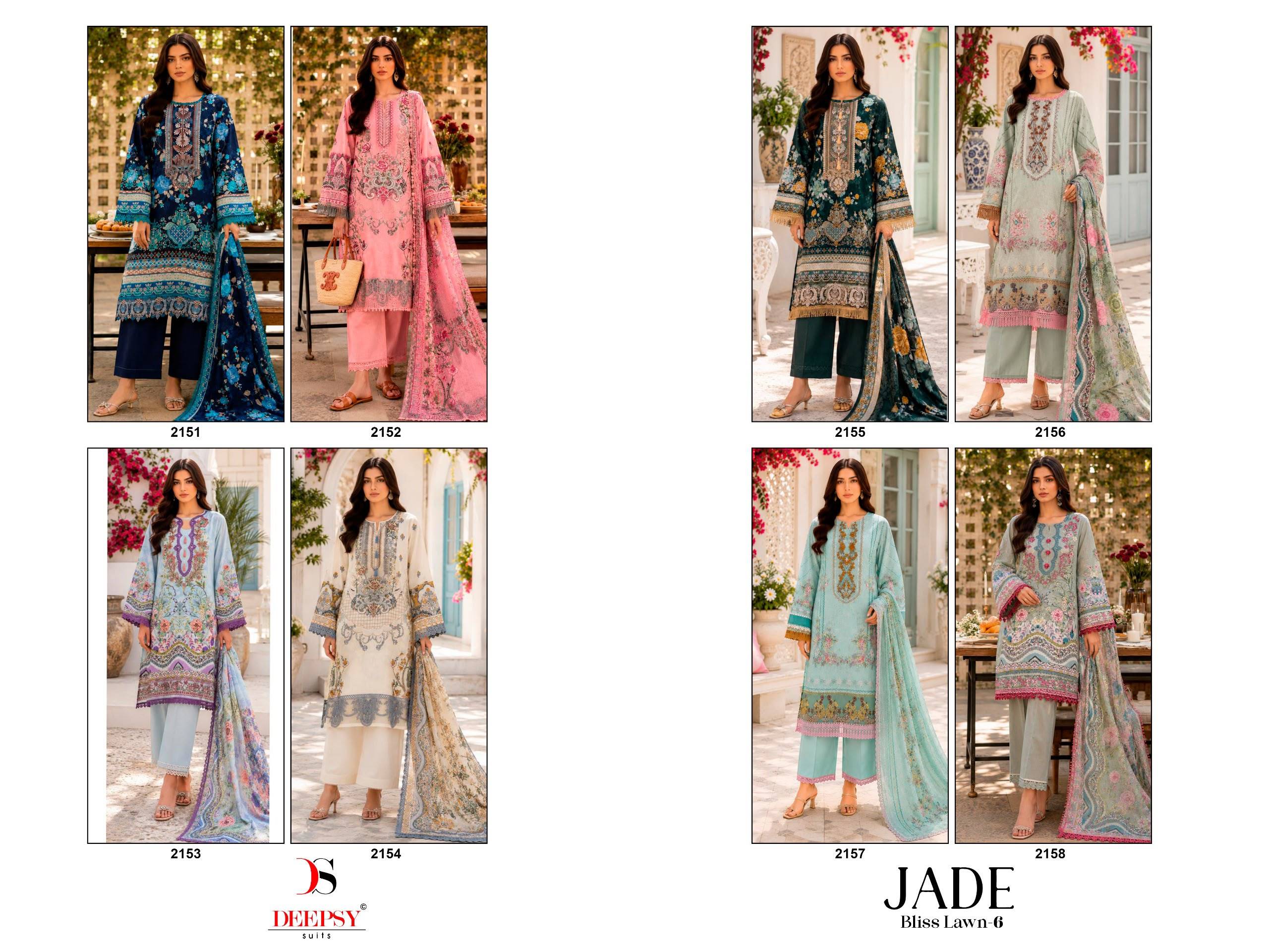 Jade Bliss Lawn -6 BY DEEPSY SUITS 2151 To 2158 Series Indian Traditional casual wear Pakistani pure cotton dresses At Wholesale Price